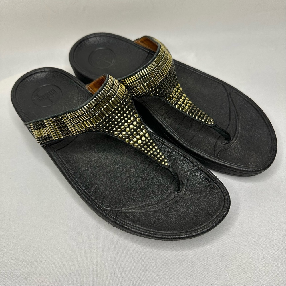 FitFlop Aztek Chada Leather Thong Sandal Black Gold Women’s Size 9